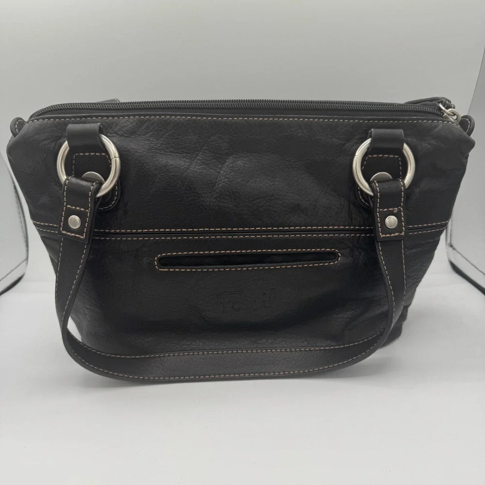 Fossil Black Pebbled Leather Shoulder Bag Contrast Stitch Hobo Purse ZB9384